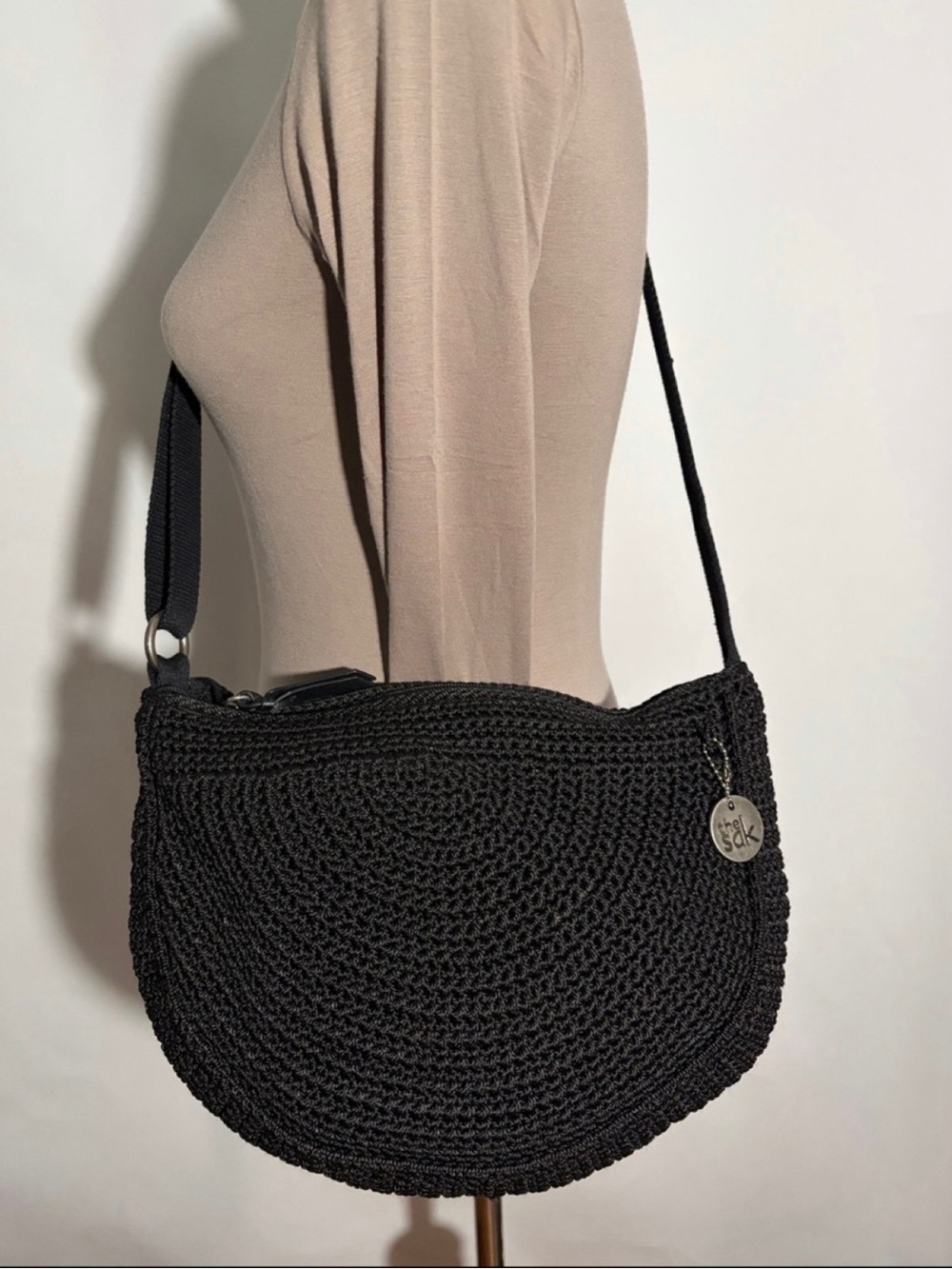 The Sak Ryder Crescent Shape Black Crochet Crossbody Purse Bag